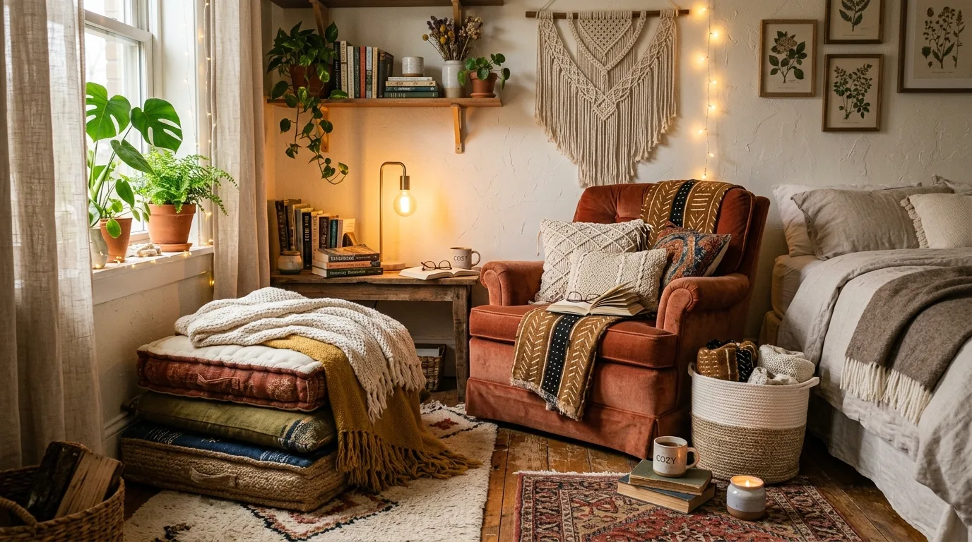 Use baskets as real storage for 13 Relaxed Boho Bedroom Ideas for a Laid-Back Vibe