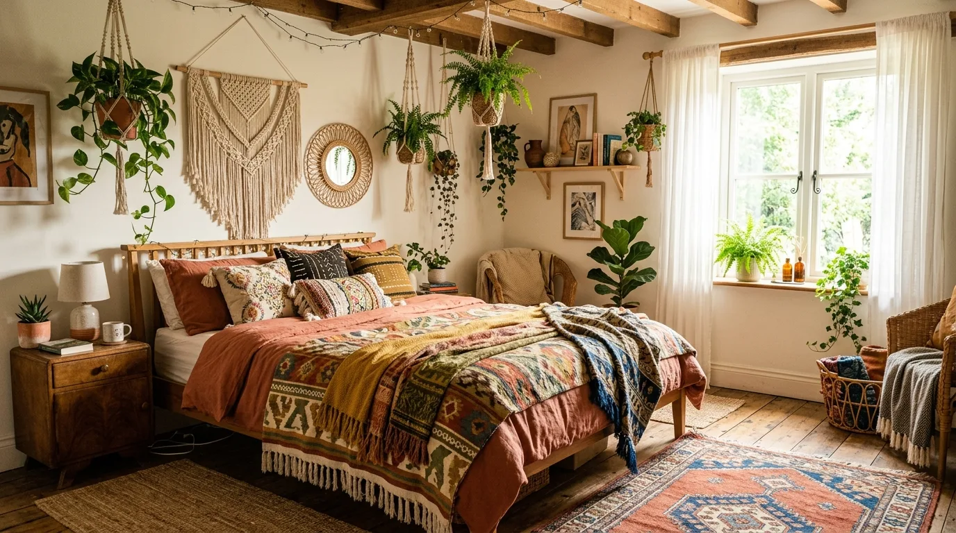 Add plants for softness and life for 13 Relaxed Boho Bedroom Ideas for a Laid-Back Vibe
