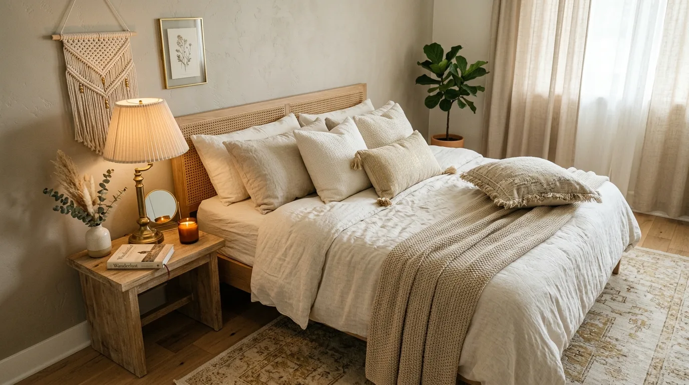 Hang one statement textile or wall piece for 13 Relaxed Boho Bedroom Ideas for a Laid-Back Vibe