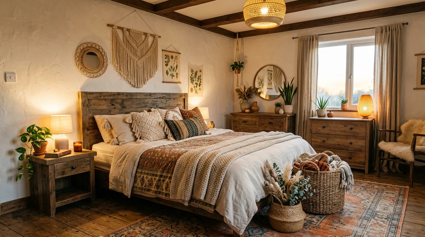 Use lighting that feels warm and low for 13 Relaxed Boho Bedroom Ideas for a Laid-Back Vibe
