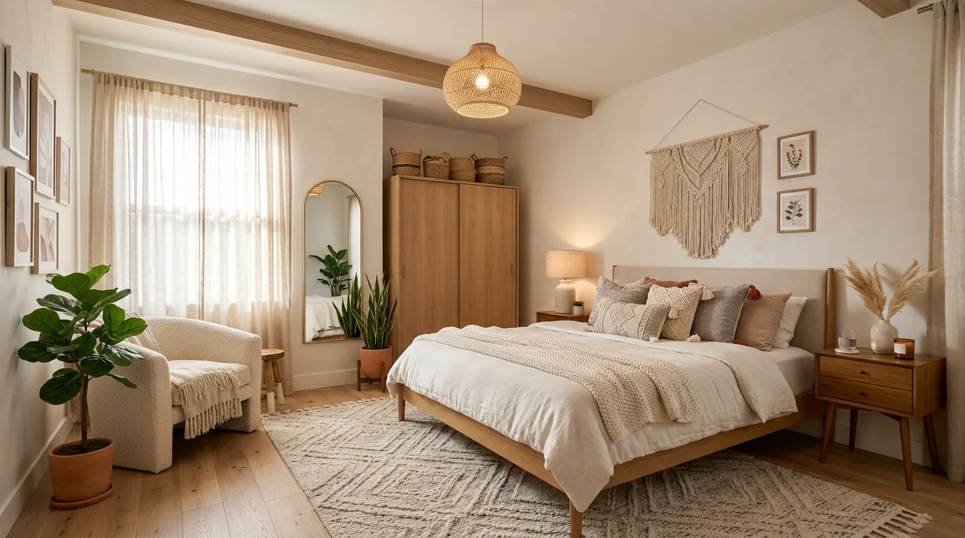 Add a rug with soft pattern for 13 Relaxed Boho Bedroom Ideas for a Laid-Back Vibe