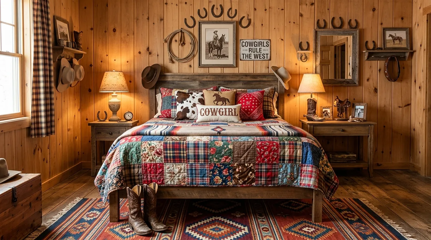 Use baskets and wood storage pieces for 13 Rustic Cowgirl Bedroom Ideas with Western Flair