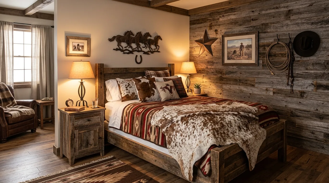Layer leather accents for warmth for 13 Rustic Cowgirl Bedroom Ideas with Western Flair