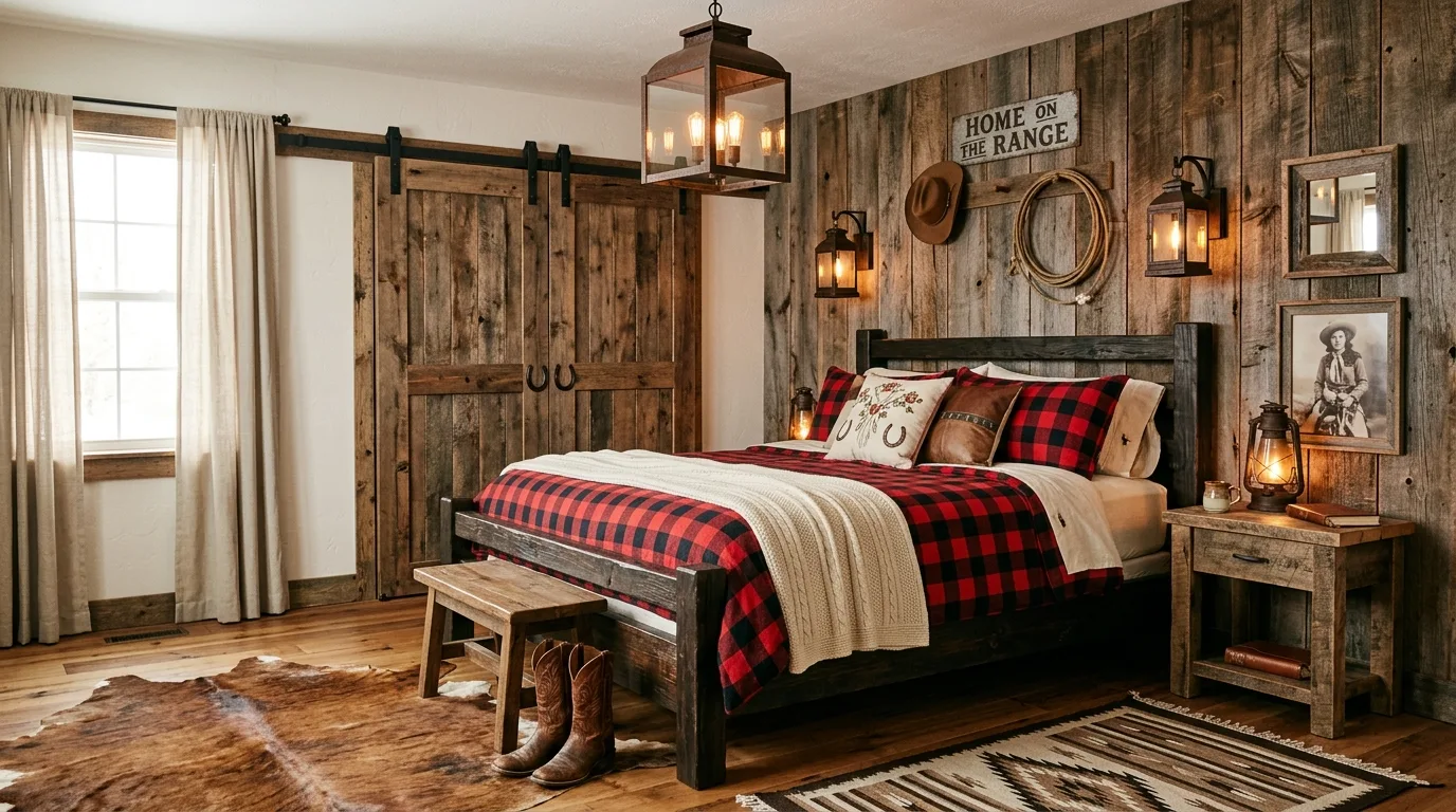 Use barn wood or reclaimed wood accents for 13 Rustic Cowgirl Bedroom Ideas with Western Flair