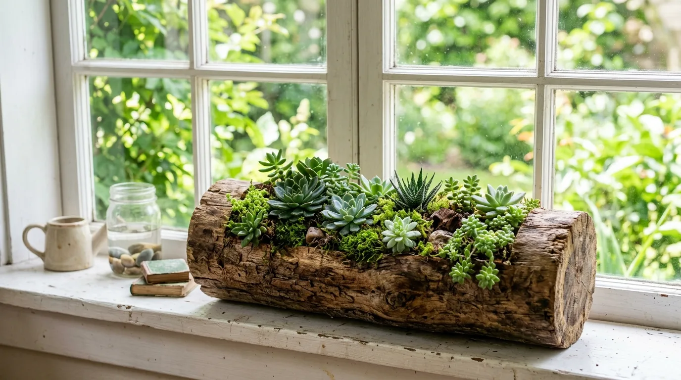Turn a hollowed log into a planter for 12 Rustic DIY Wood Log Ideas for Cozy Cabin Accents