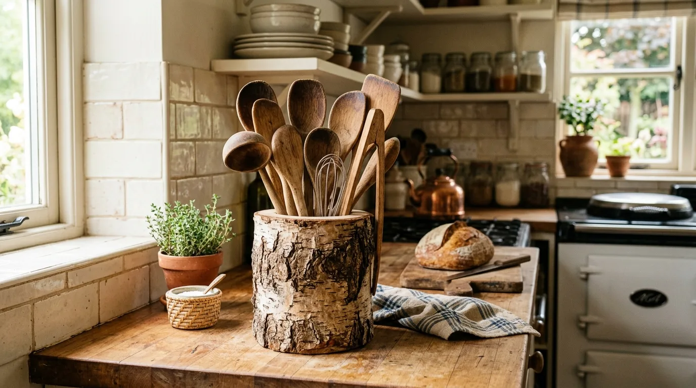 Use a log as kitchen utensil storage for 12 Rustic DIY Wood Log Ideas for Cozy Cabin Accents