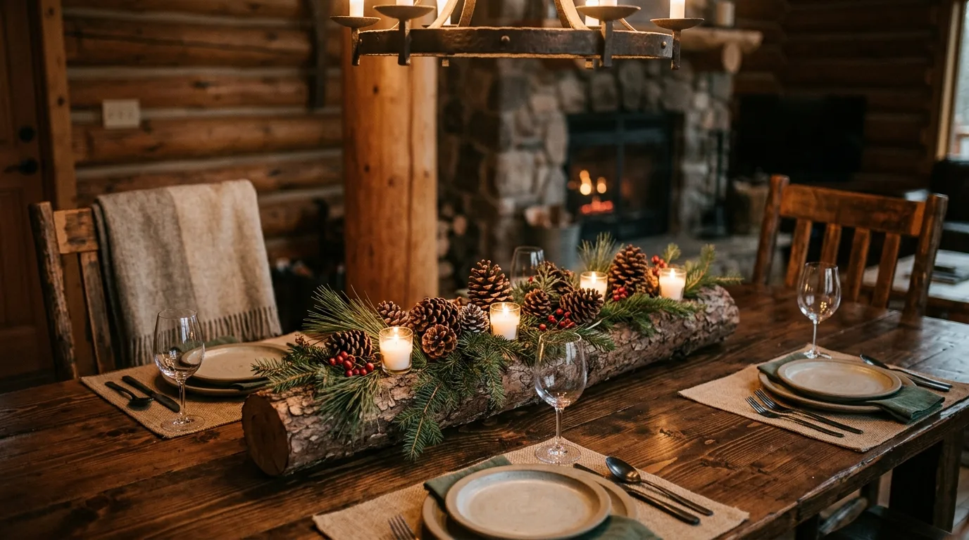 Style a centerpiece with pinecones and greenery for 12 Rustic DIY Wood Log Ideas for Cozy Cabin Accents