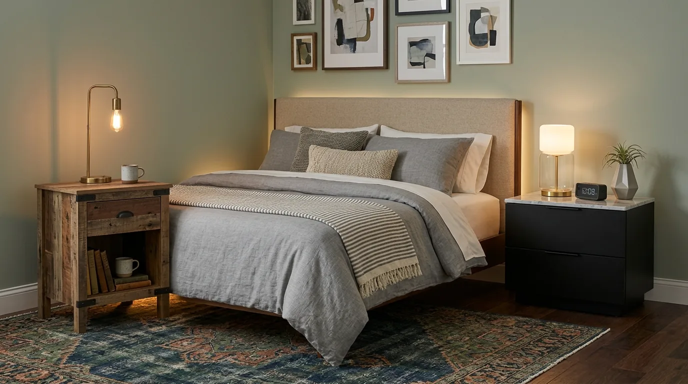 Use contrast when you want more character for 12 Helpful Tips on Whether Bedroom Nightstands Should Match