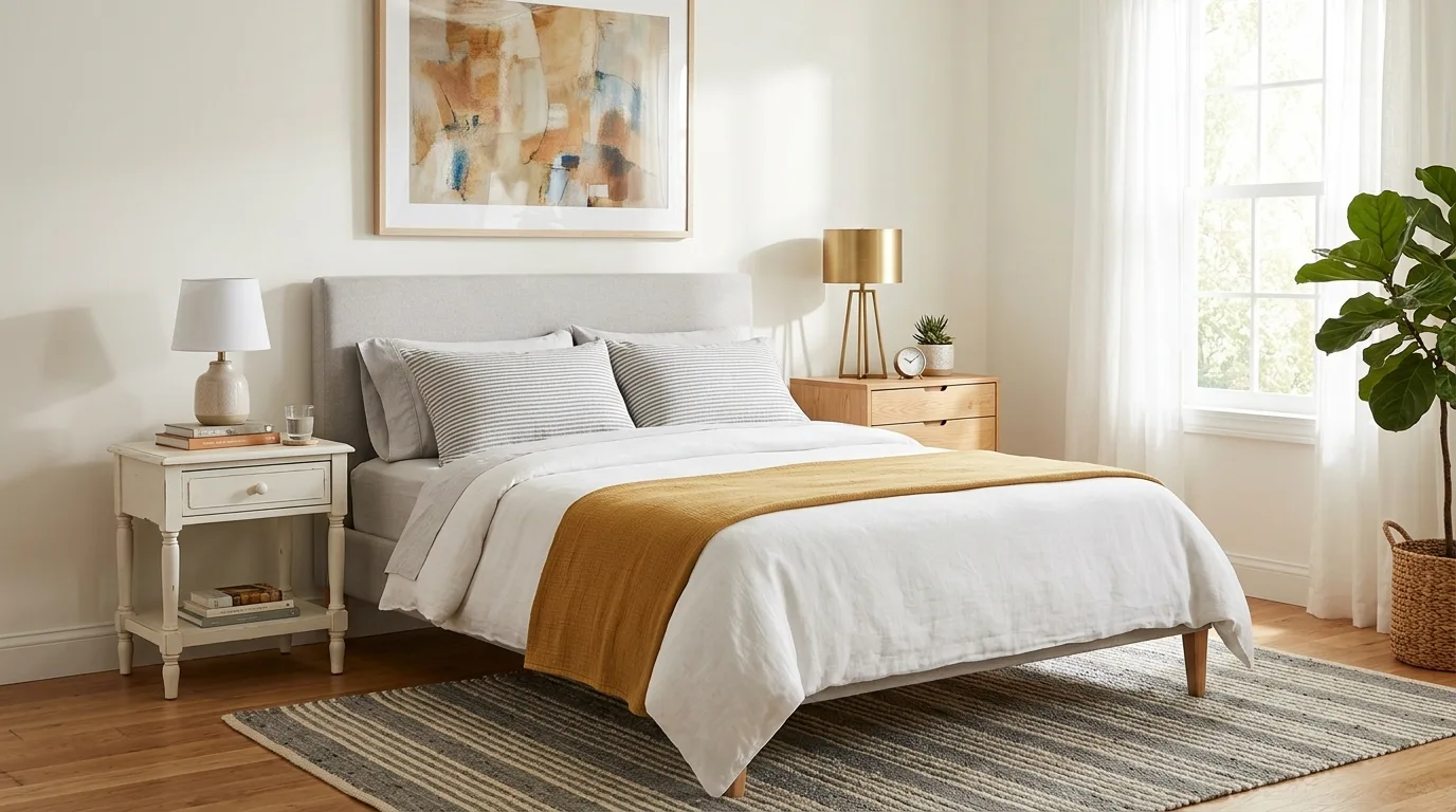 Use color to connect mismatched stands for 12 Helpful Tips on Whether Bedroom Nightstands Should Match