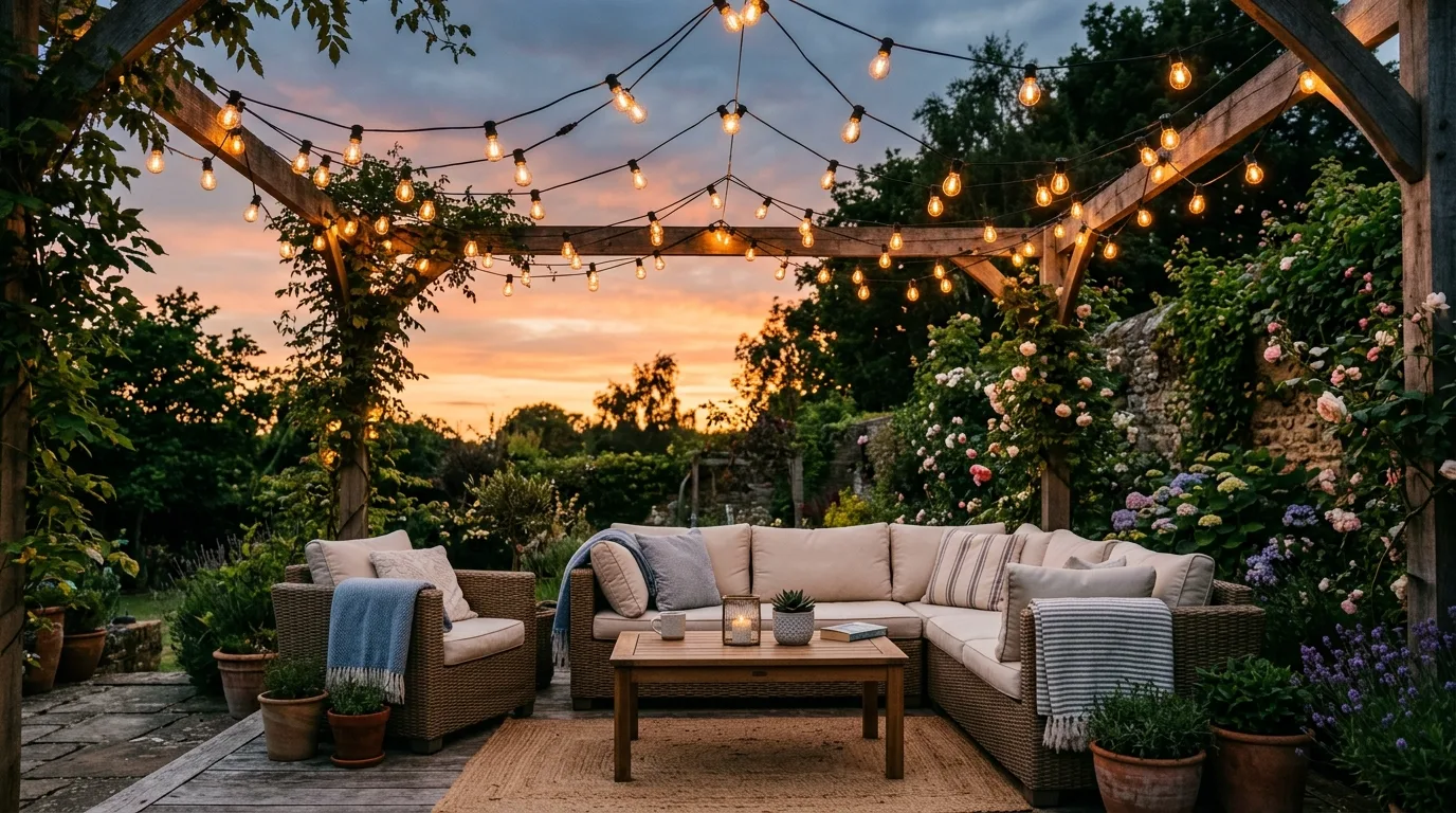 Add an overhead string light canopy for 10 Simple DIY Patio Decoration Ideas for a Summer Refresh