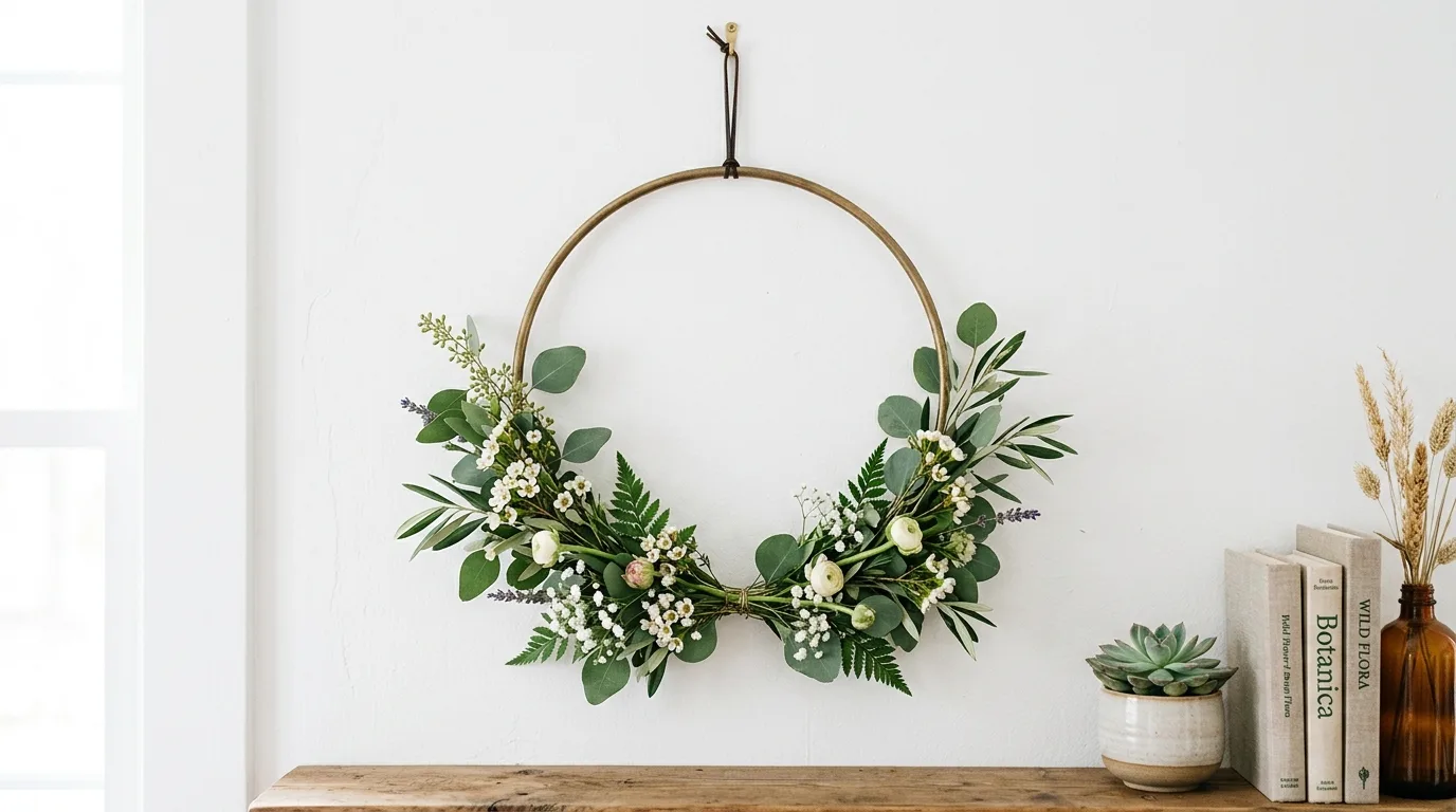Decorate a metal ring with greenery for 13 Simple DIY Wall Hanging Ideas to Fill Empty Walls