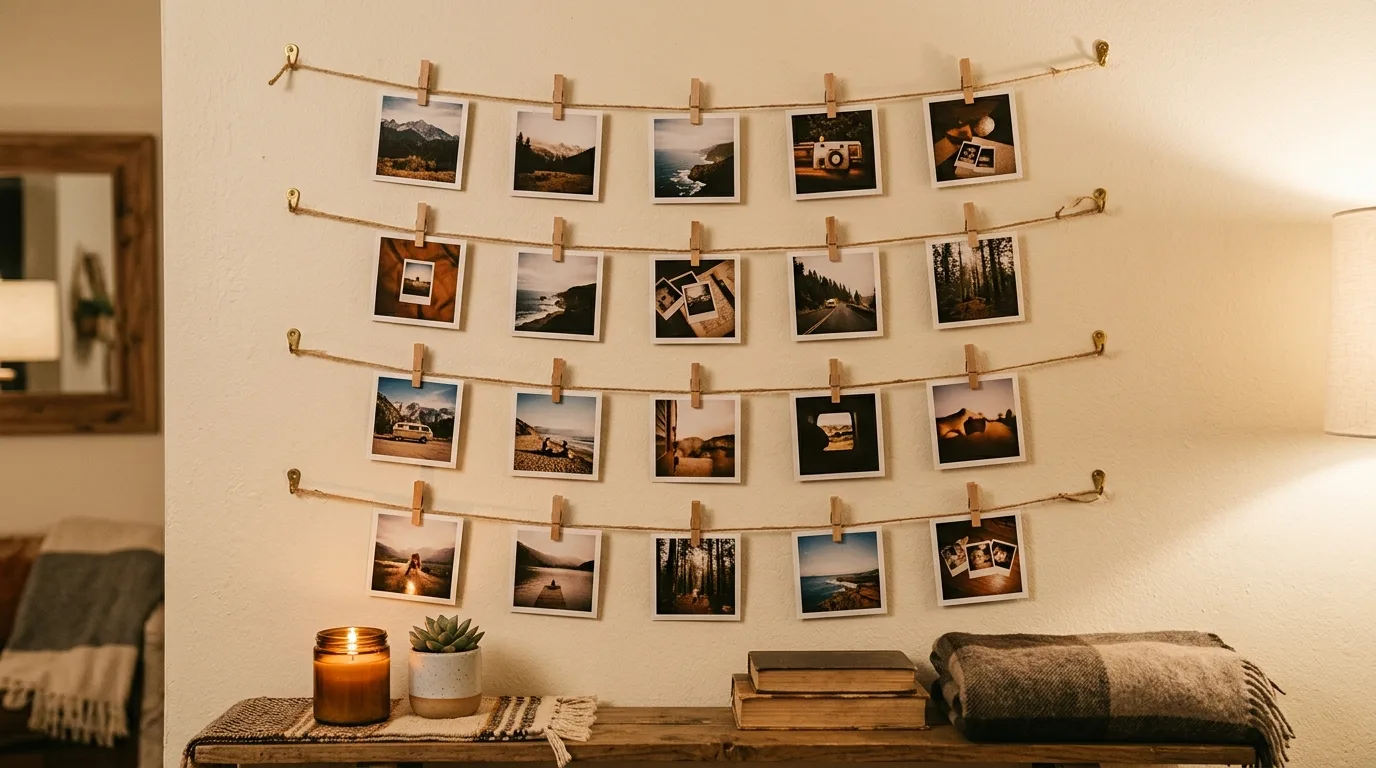 Clip photos to a hanging string display for 13 Simple DIY Wall Hanging Ideas to Fill Empty Walls