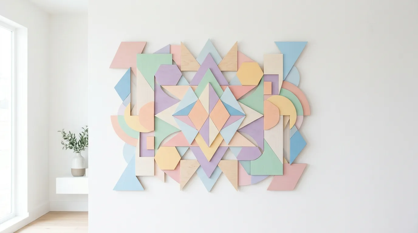 Use painted wood shapes for modern style for 13 Simple DIY Wall Hanging Ideas to Fill Empty Walls