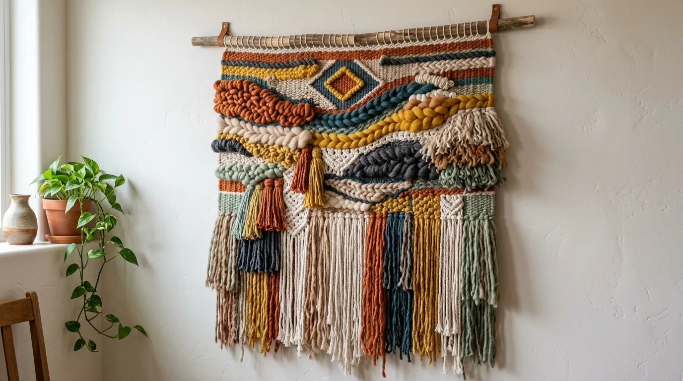 Weave yarn for extra texture for 13 Simple DIY Wall Hanging Ideas to Fill Empty Walls