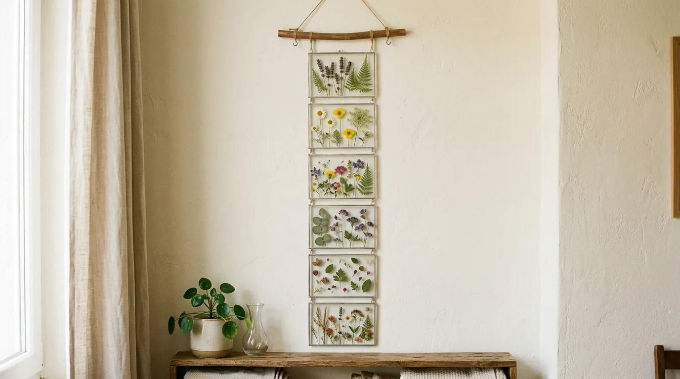 Frame pressed botanicals vertically for 13 Simple DIY Wall Hanging Ideas to Fill Empty Walls