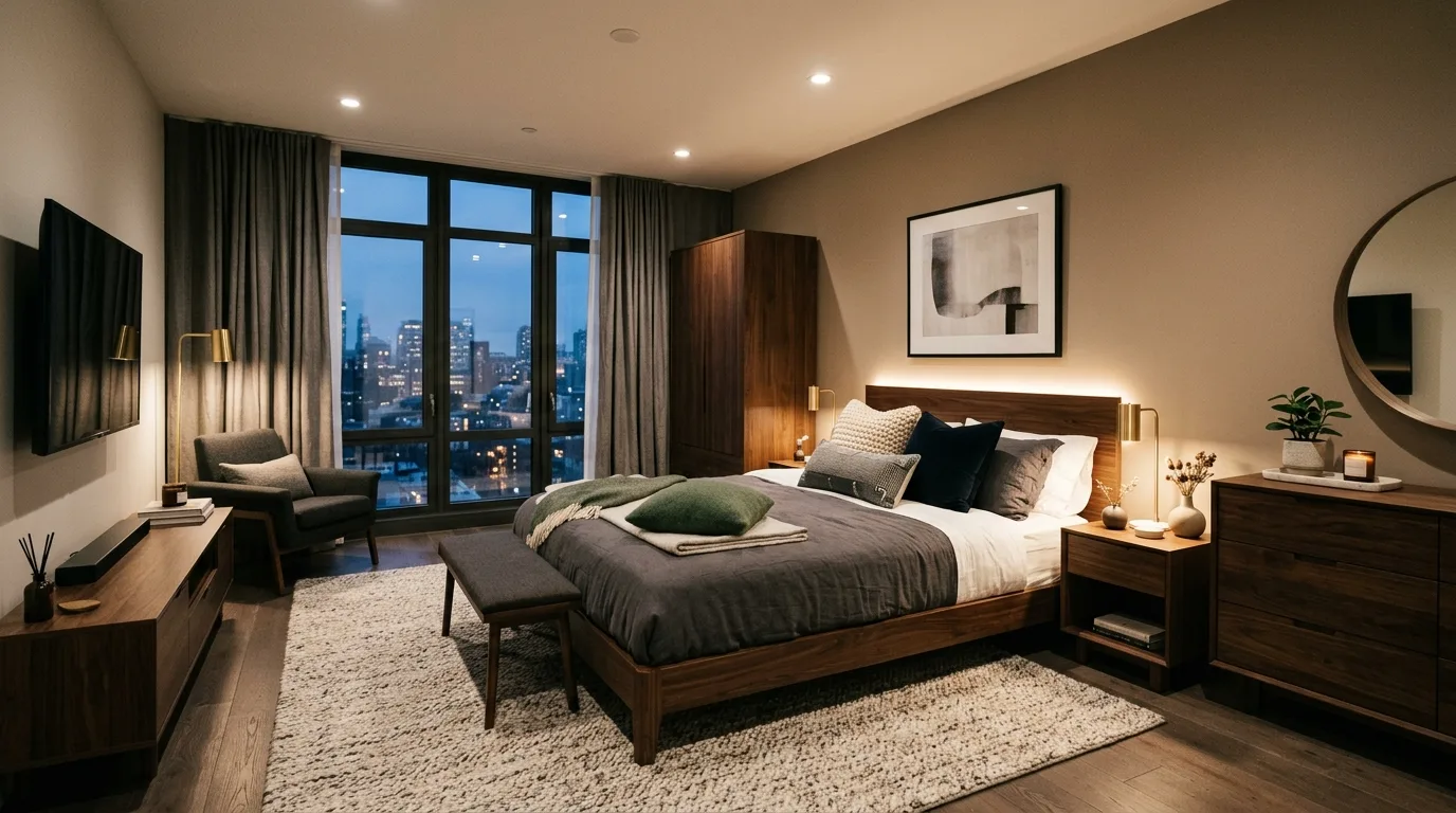 Use dark wood or deeper tones for maturity for 12 Chic Single Woman Bedroom Ideas to Celebrate Independence