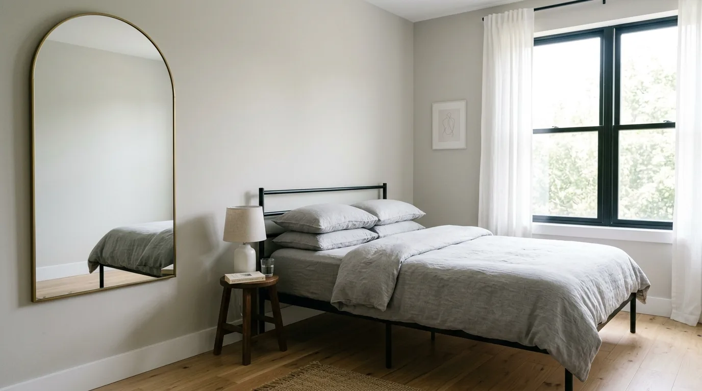 Let one mirror expand the room for 10 Sleek Modern Bedroom Ideas for a Minimalist Vibe