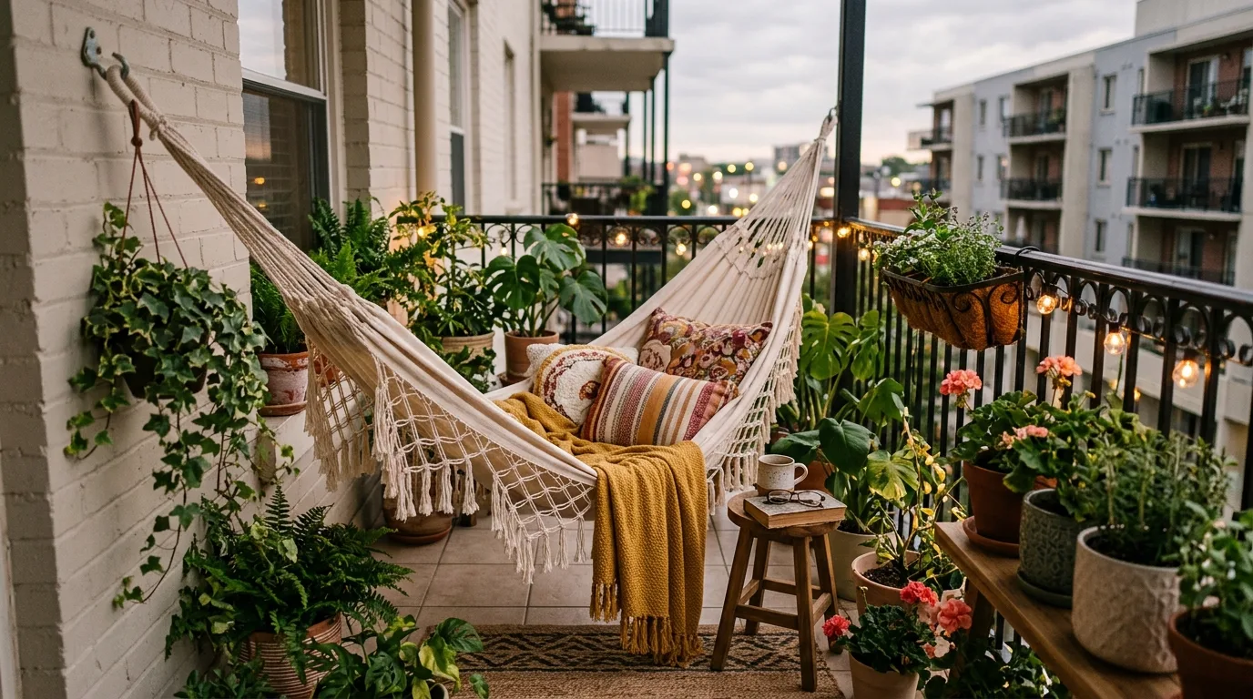 Add a swing chair or hammock if lounging is the priority for 10 Small Balcony Ideas to Create a Tiny Urban Oasis