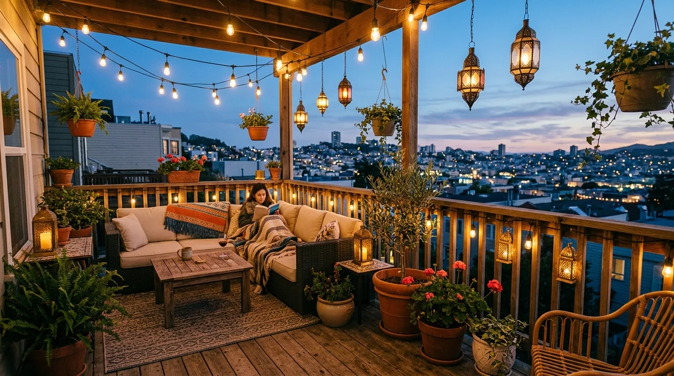 Use string lights to soften the mood for 10 Small Balcony Ideas to Create a Tiny Urban Oasis
