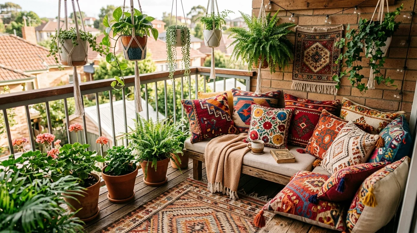Try a boho approach for warmth for 10 Small Balcony Ideas to Create a Tiny Urban Oasis