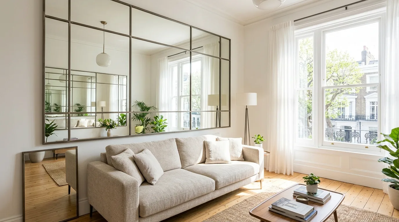 Use mirrors to create depth for 13 Genius Ways to Maximize Small Living Room Decor and Layout