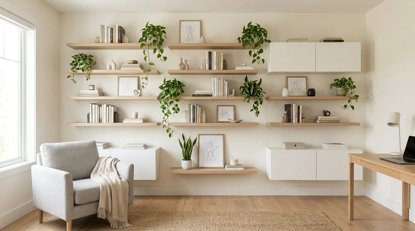 Go upward with storage for 13 Genius Ways to Maximize Small Living Room Decor and Layout
