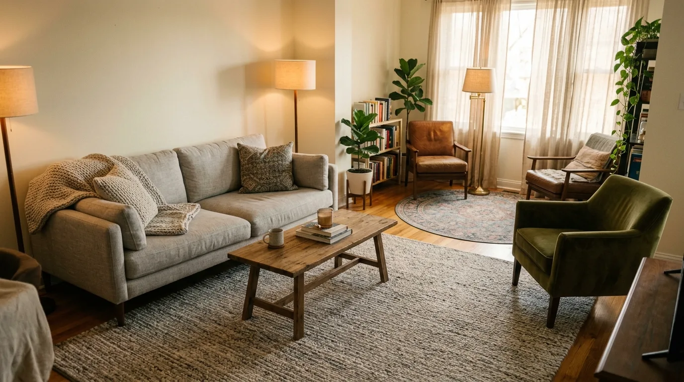 Define small zones with rugs for 13 Genius Ways to Maximize Small Living Room Decor and Layout