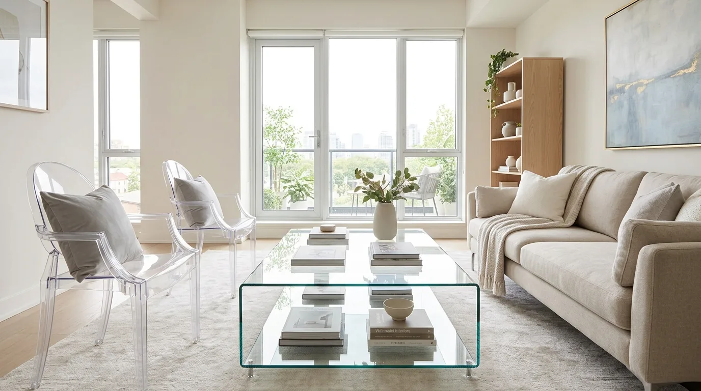 Use glass or acrylic for visual lightness for 14 Small Living Room Ideas That Feel Surprisingly Spacious