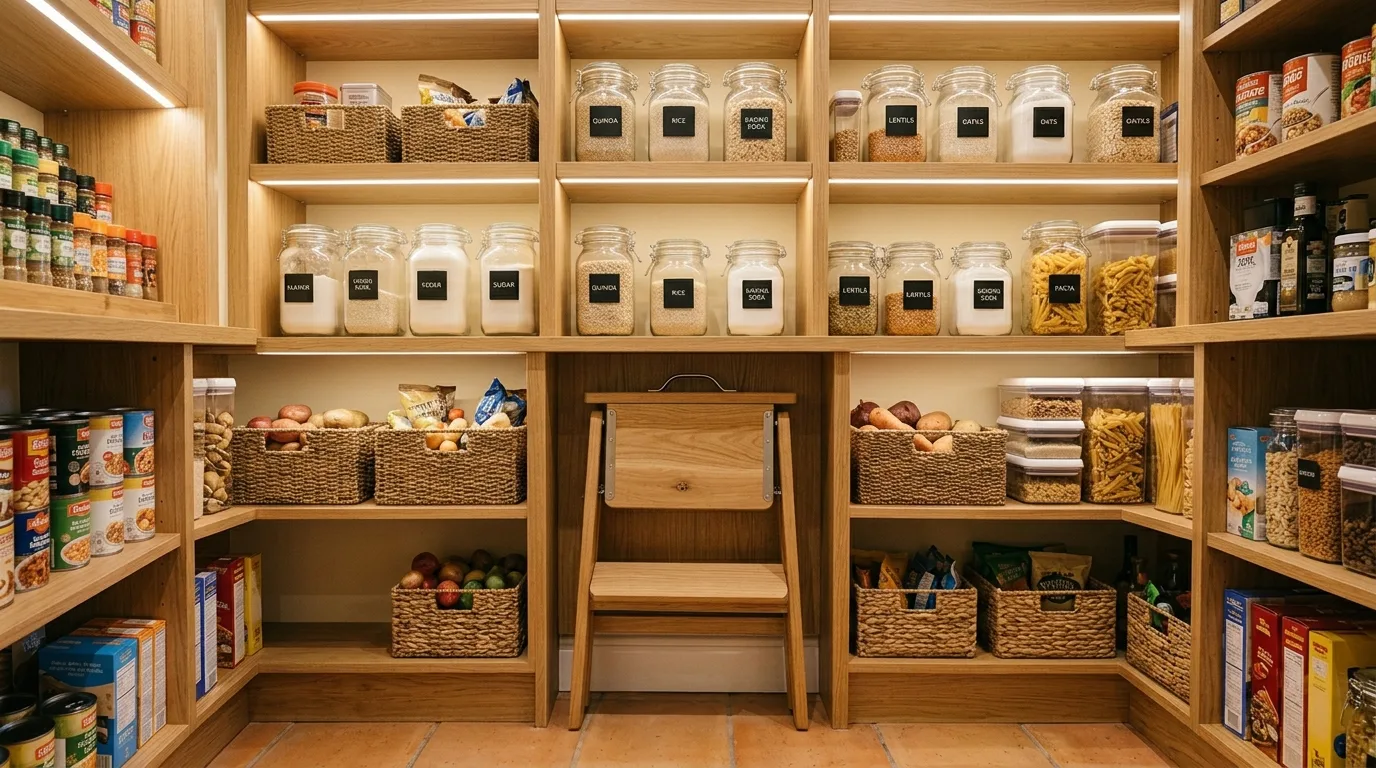 Use upper shelves for seasonal extras for 12 Efficient Small Walk-In Pantry Ideas for Maximum Storage