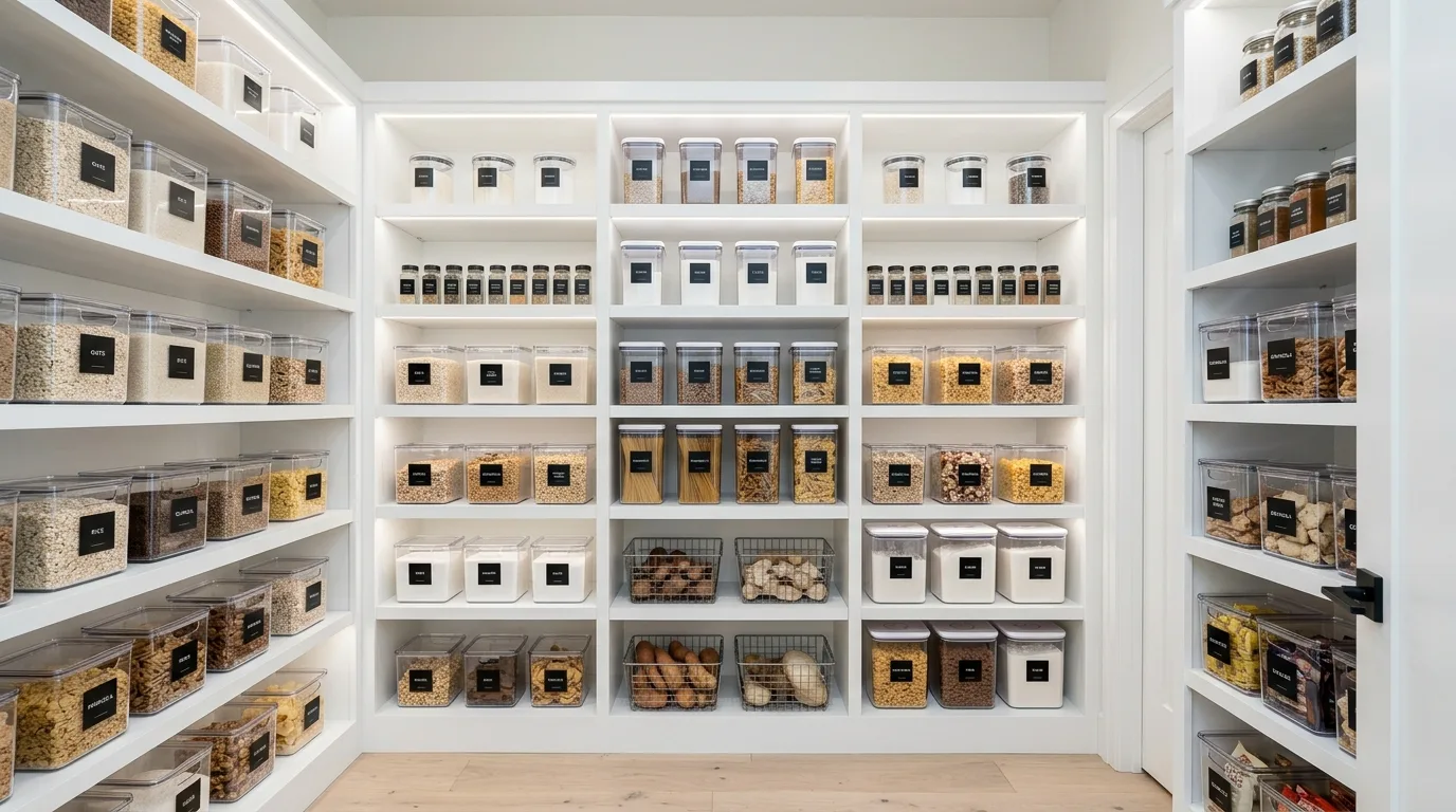 Stack bins for grab-and-go groups for 12 Efficient Small Walk-In Pantry Ideas for Maximum Storage