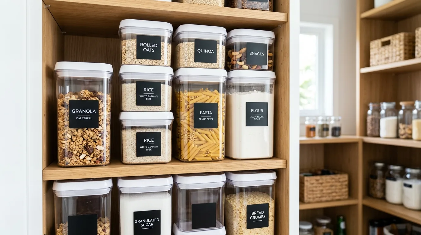 Label everything that needs quick recognition for 12 Clever Small Walk-In Pantry Organization Hacks for Food Storage