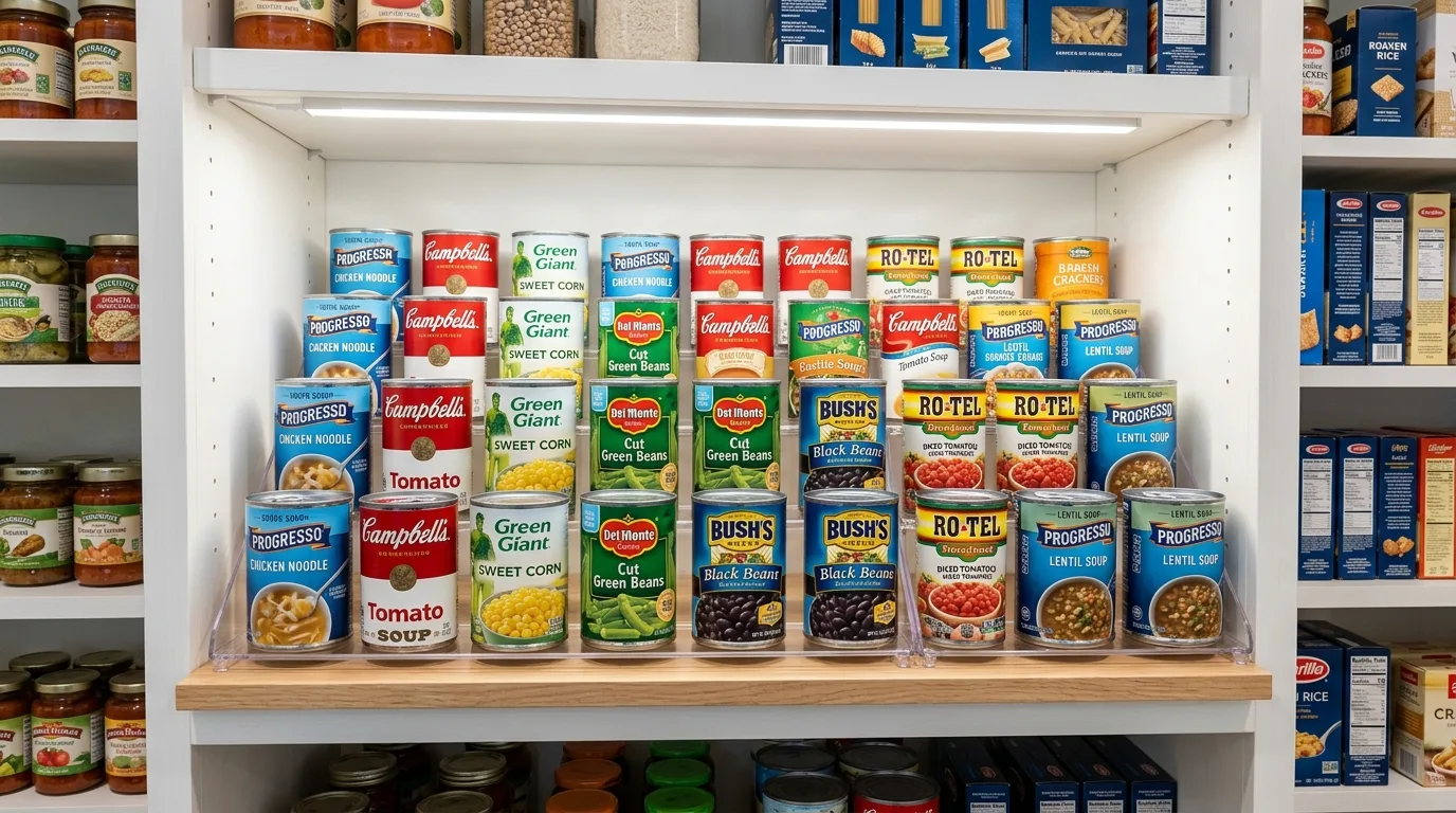 Add tiered risers for cans and jars for 12 Clever Small Walk-In Pantry Organization Hacks for Food Storage