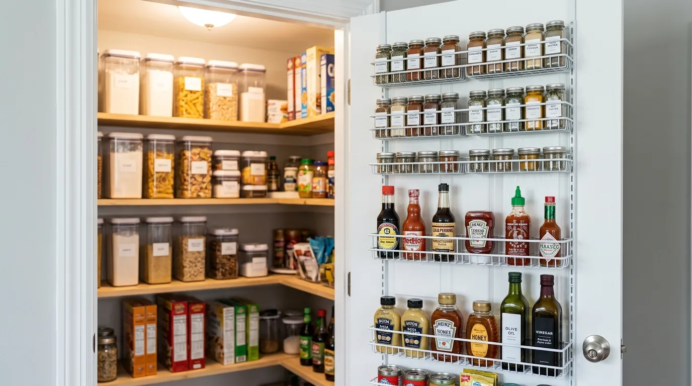Group foods by zone for 12 Clever Small Walk-In Pantry Organization Hacks for Food Storage