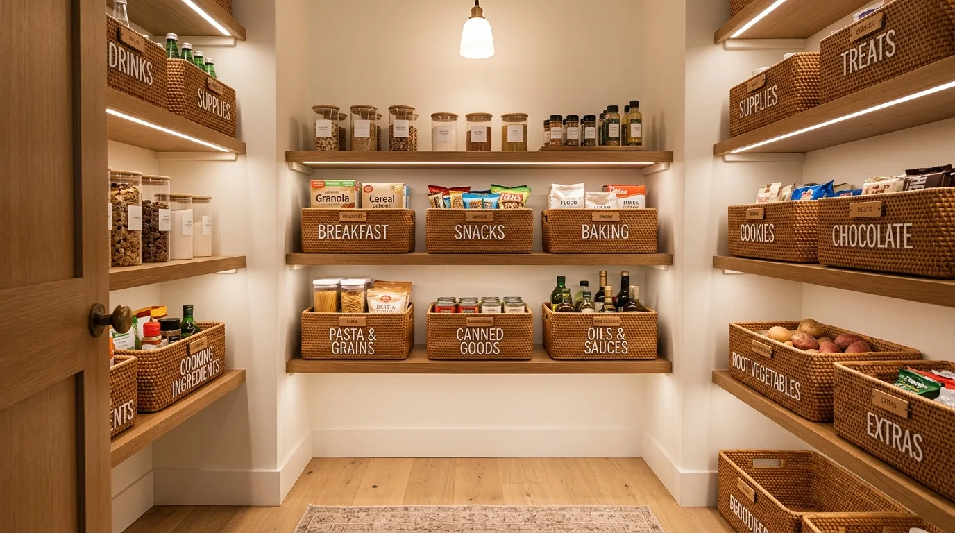 Bring in baskets for loose packets for 12 Clever Small Walk-In Pantry Organization Hacks for Food Storage