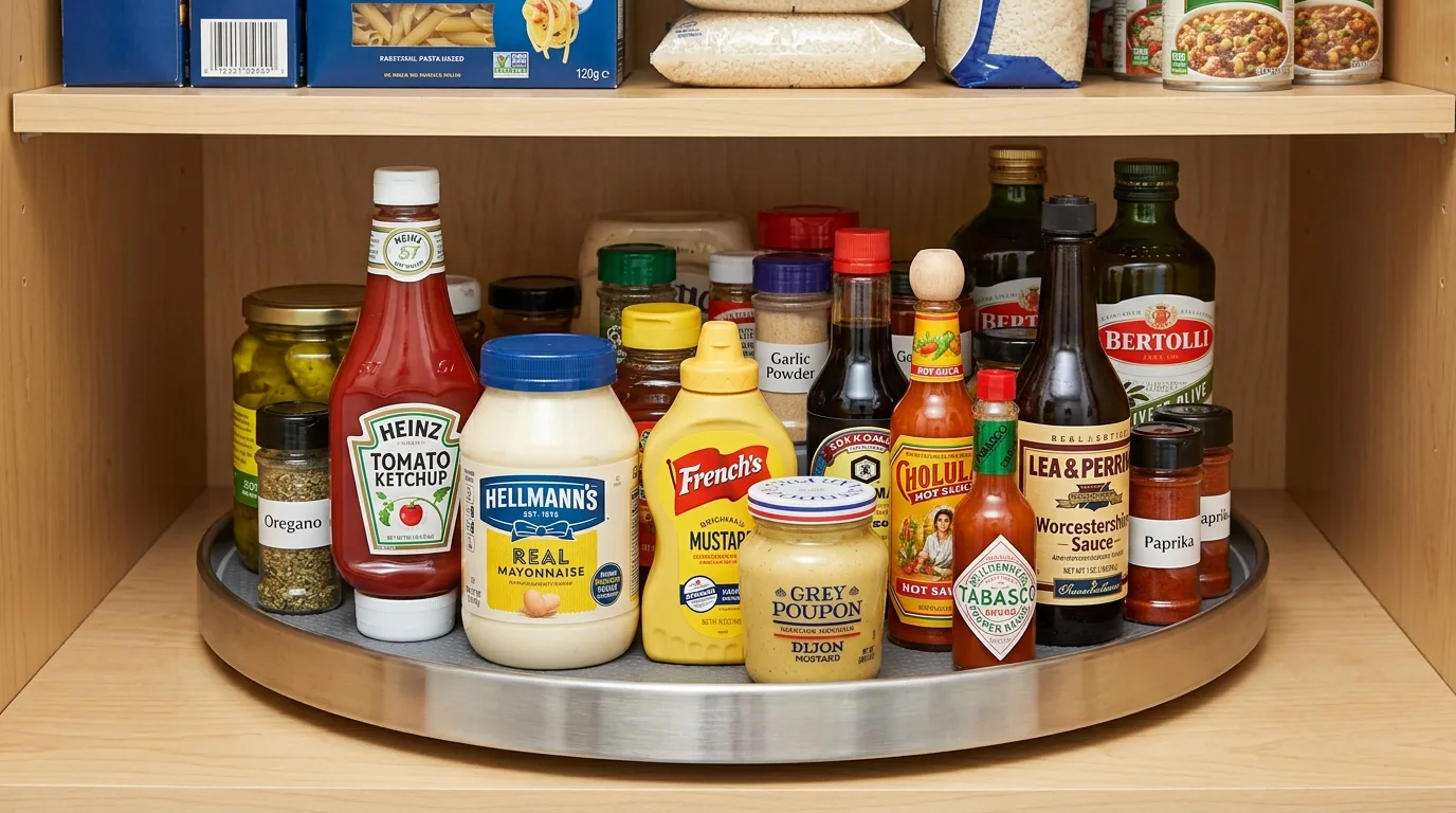 Use a lazy Susan for awkward corners for 12 Clever Small Walk-In Pantry Organization Hacks for Food Storage