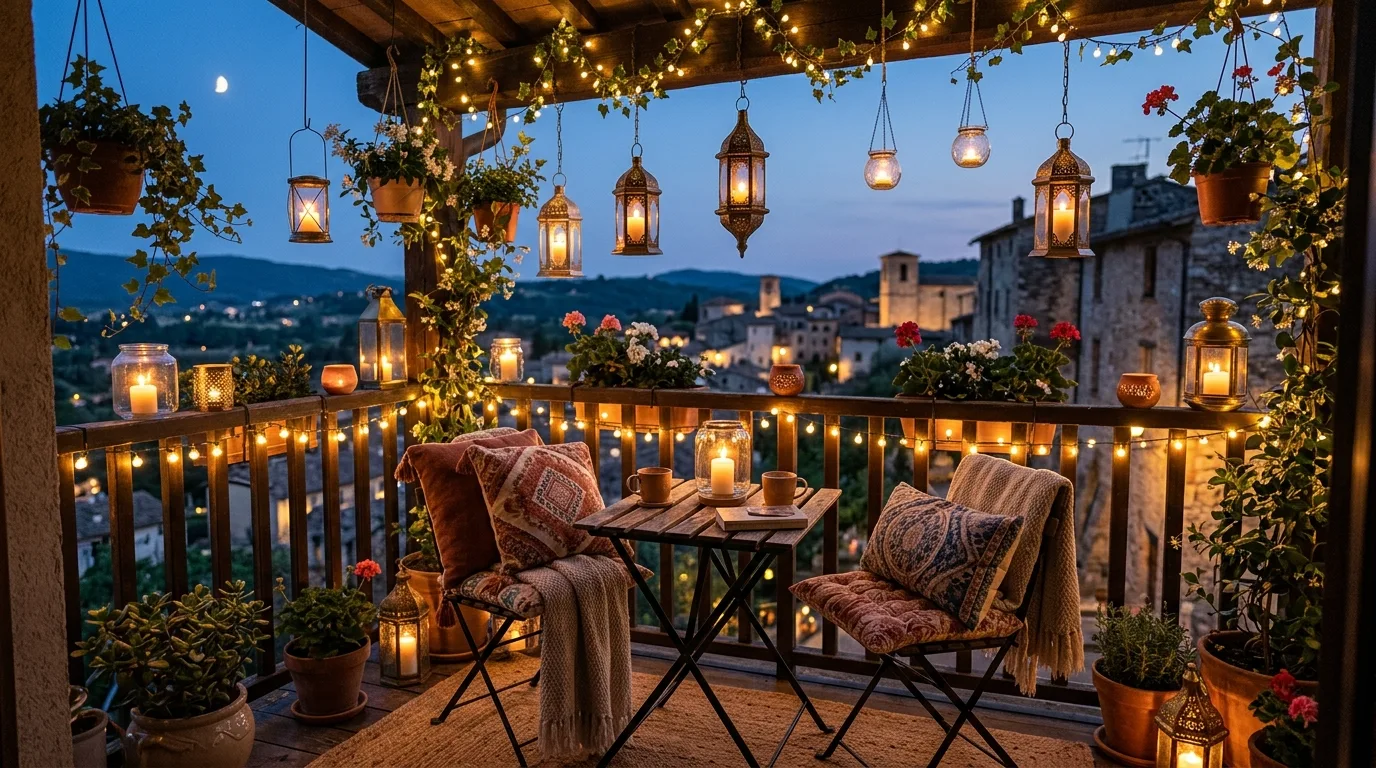 Add lanterns or string lights for 11 Smart Apartment Balcony Ideas for Cozy Outdoor Living