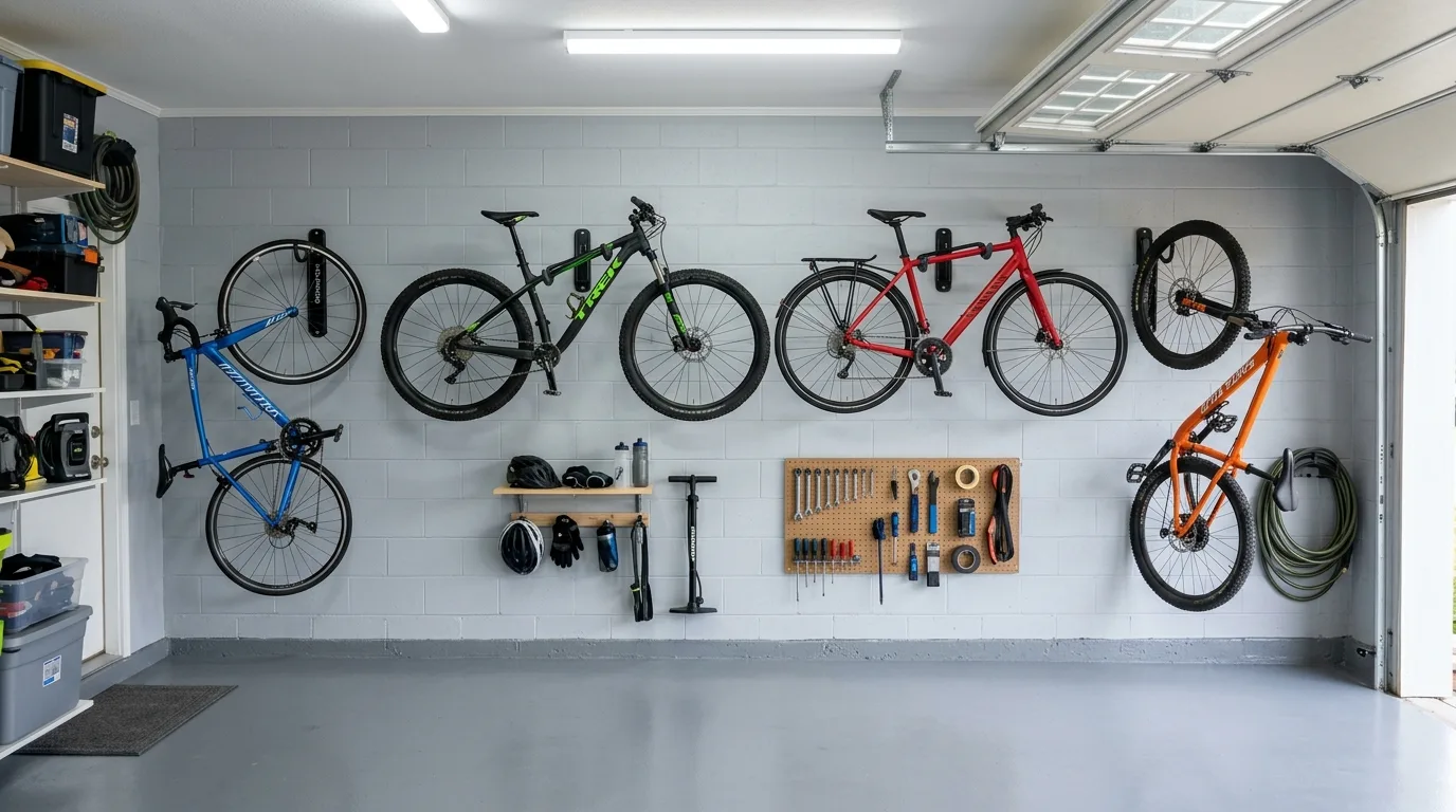 Mount bikes to the wall for 13 Smart Garage Organization Ideas Using Vertical Wall Storage