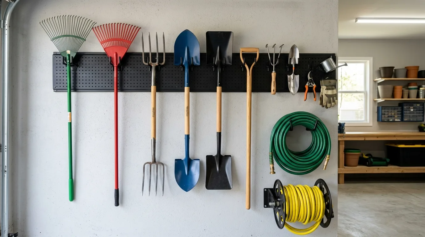 Hang garden tools vertically for 13 Smart Garage Organization Ideas Using Vertical Wall Storage