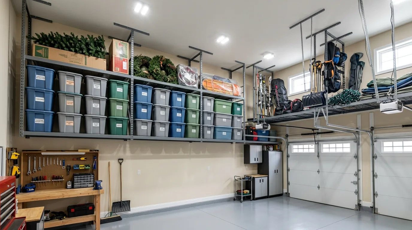 Add overhead wall-adjacent racks for 13 Smart Garage Organization Ideas Using Vertical Wall Storage