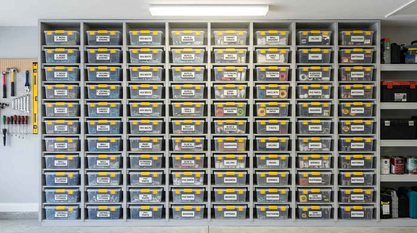 Use clear labeled bins for 13 Smart Garage Organization Ideas Using Vertical Wall Storage