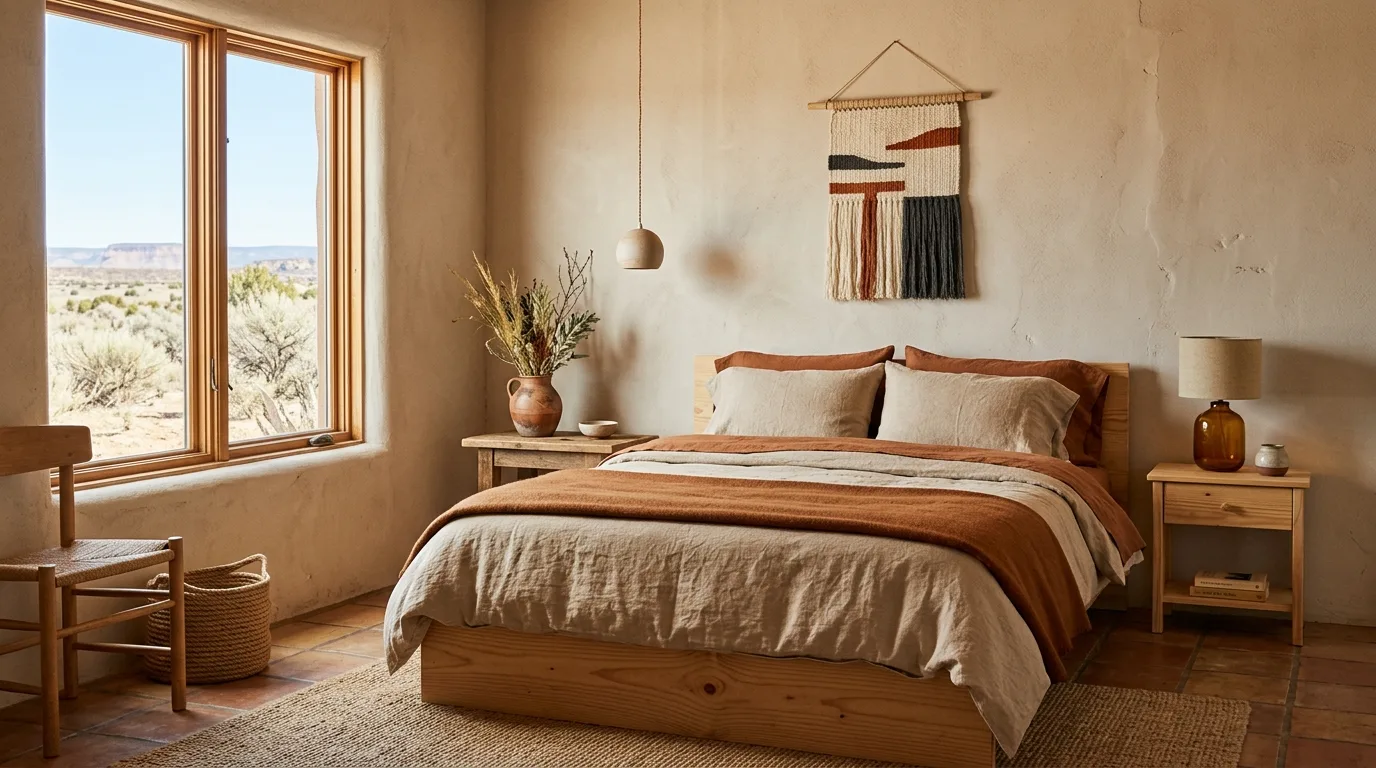 Layer bedding in textured neutrals for 11 Warm Southwestern Bedroom Ideas with Earthy Tones