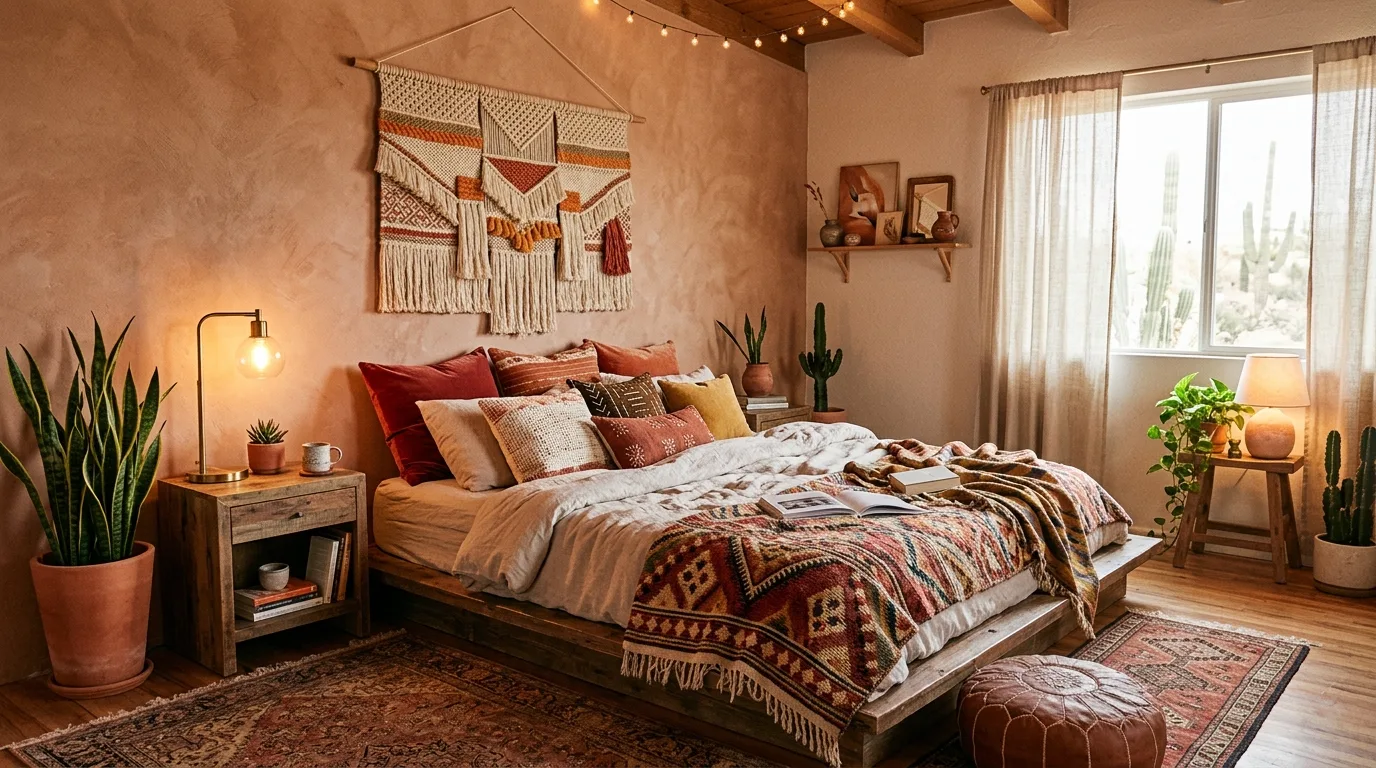Add leather or woven accents for 11 Warm Southwestern Bedroom Ideas with Earthy Tones