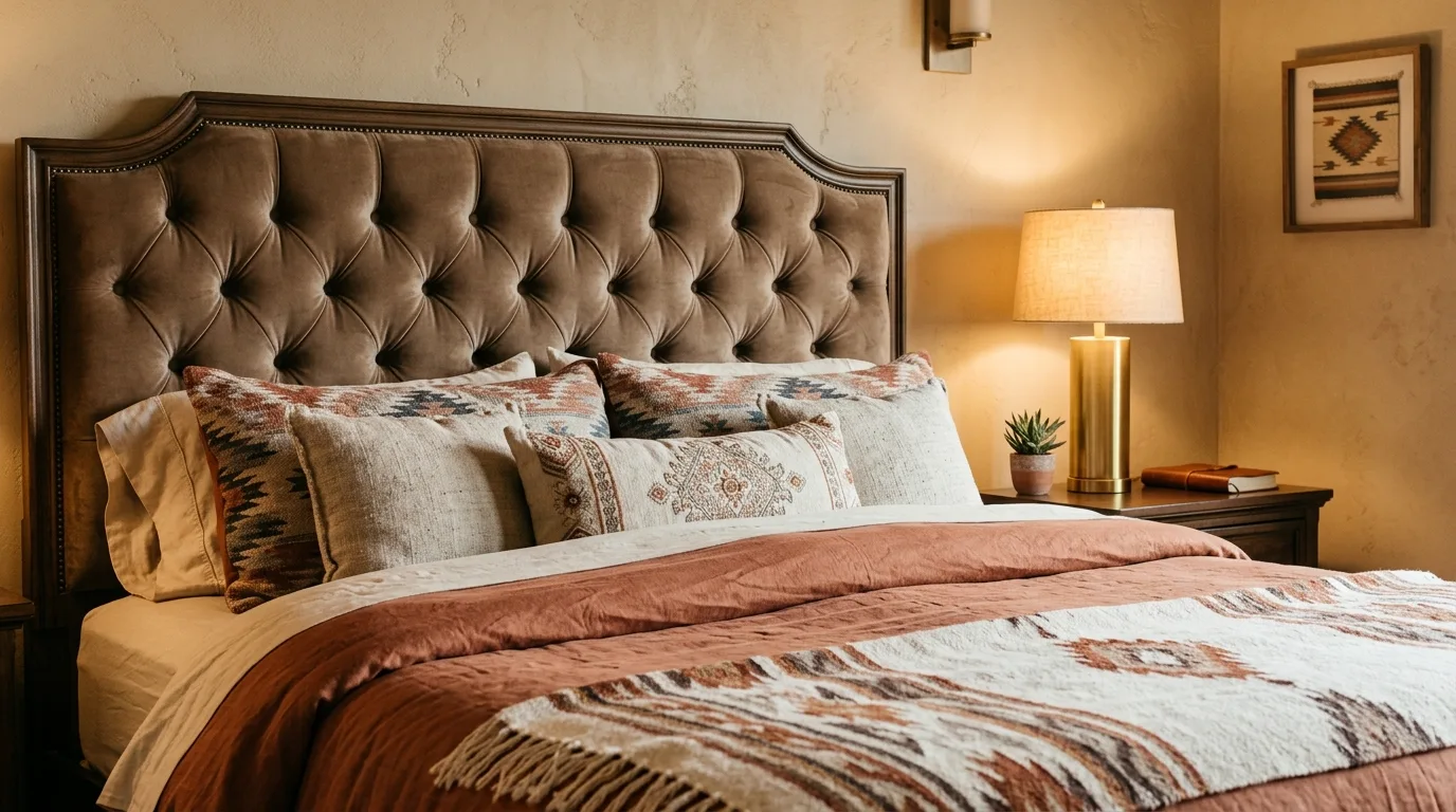 Use desert-inspired art for 11 Warm Southwestern Bedroom Ideas with Earthy Tones