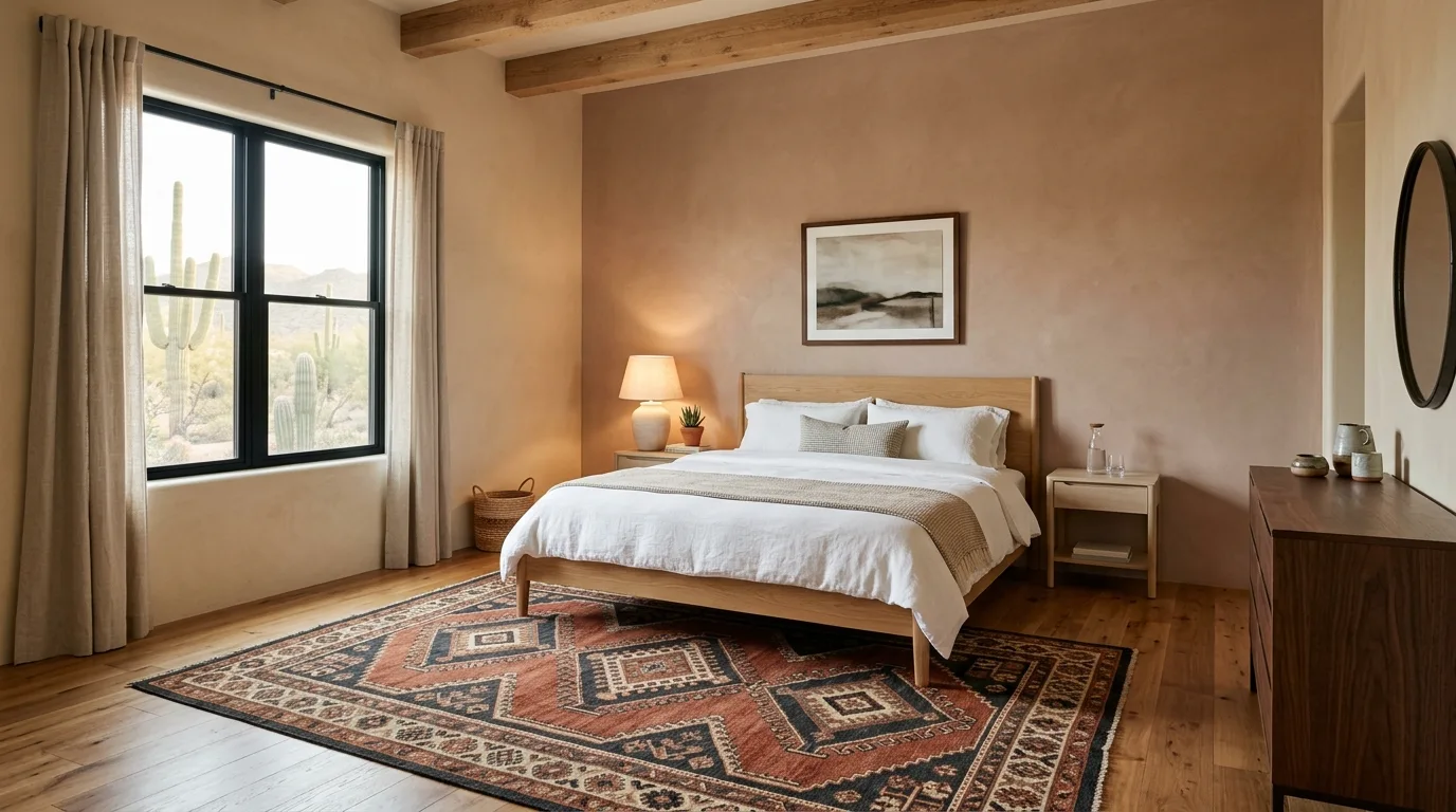 Use one strong statement textile for 11 Warm Southwestern Bedroom Ideas with Earthy Tones