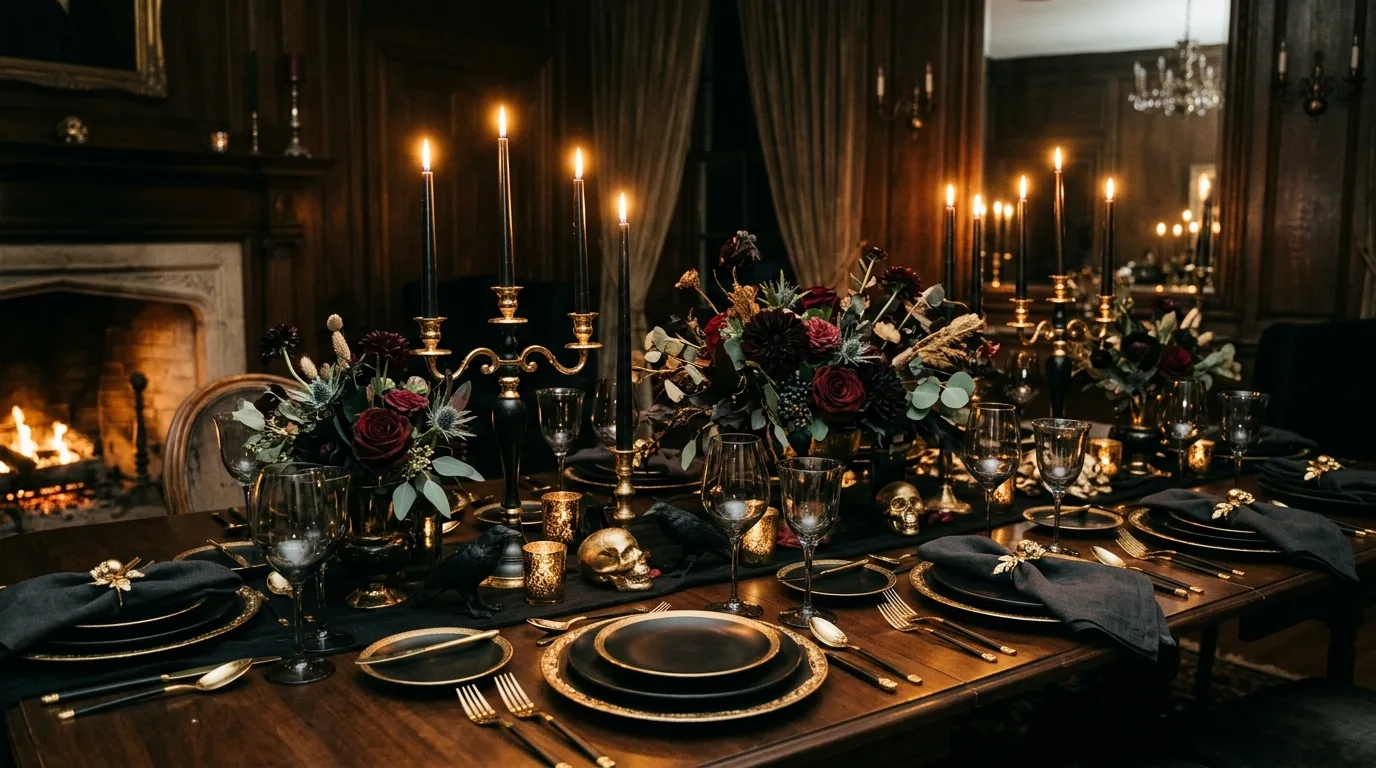 Add dark florals to key surfaces for 11 Spooky Halloween Decor Ideas for an Elegant Haunted Home
