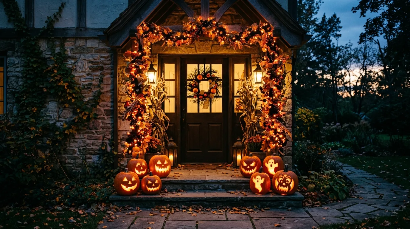 Add pumpkins at the base for 14 Spooky Halloween Door Decor Ideas to Greet Trick or Treaters