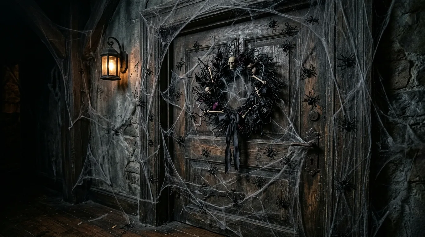 Use faux cobwebs strategically for 14 Spooky Halloween Door Decor Ideas to Greet Trick or Treaters