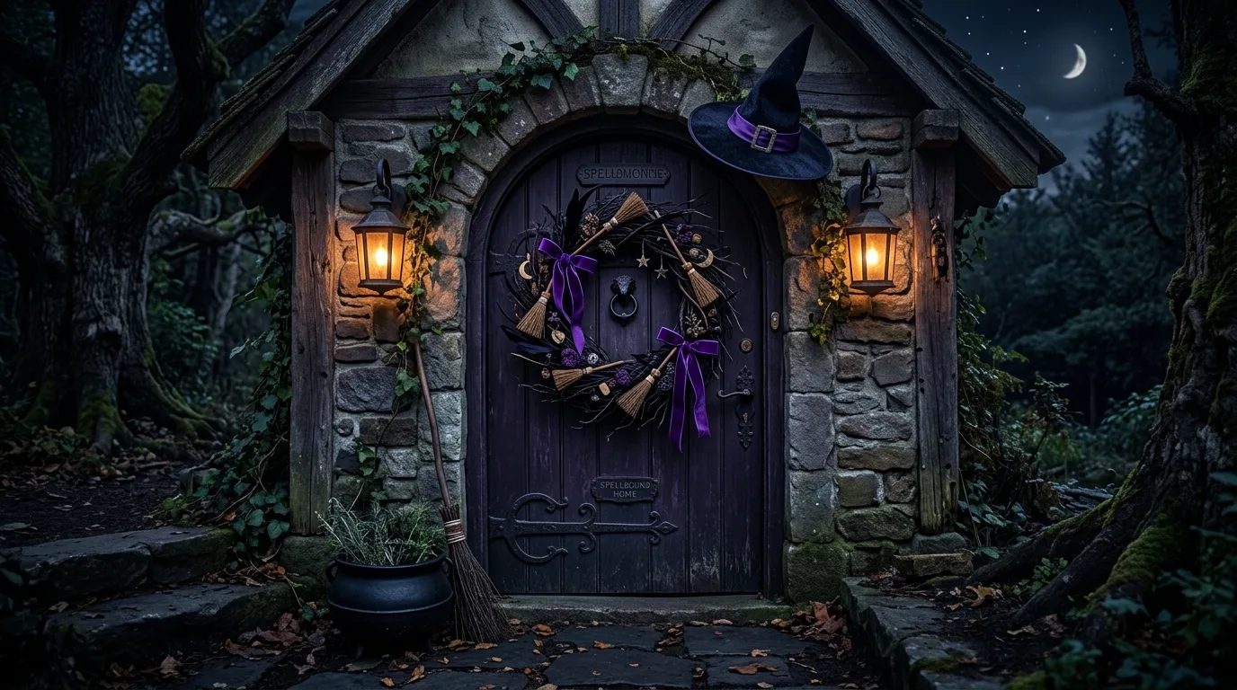 Bring in orange and purple glow for 14 Spooky Halloween Door Decor Ideas to Greet Trick or Treaters