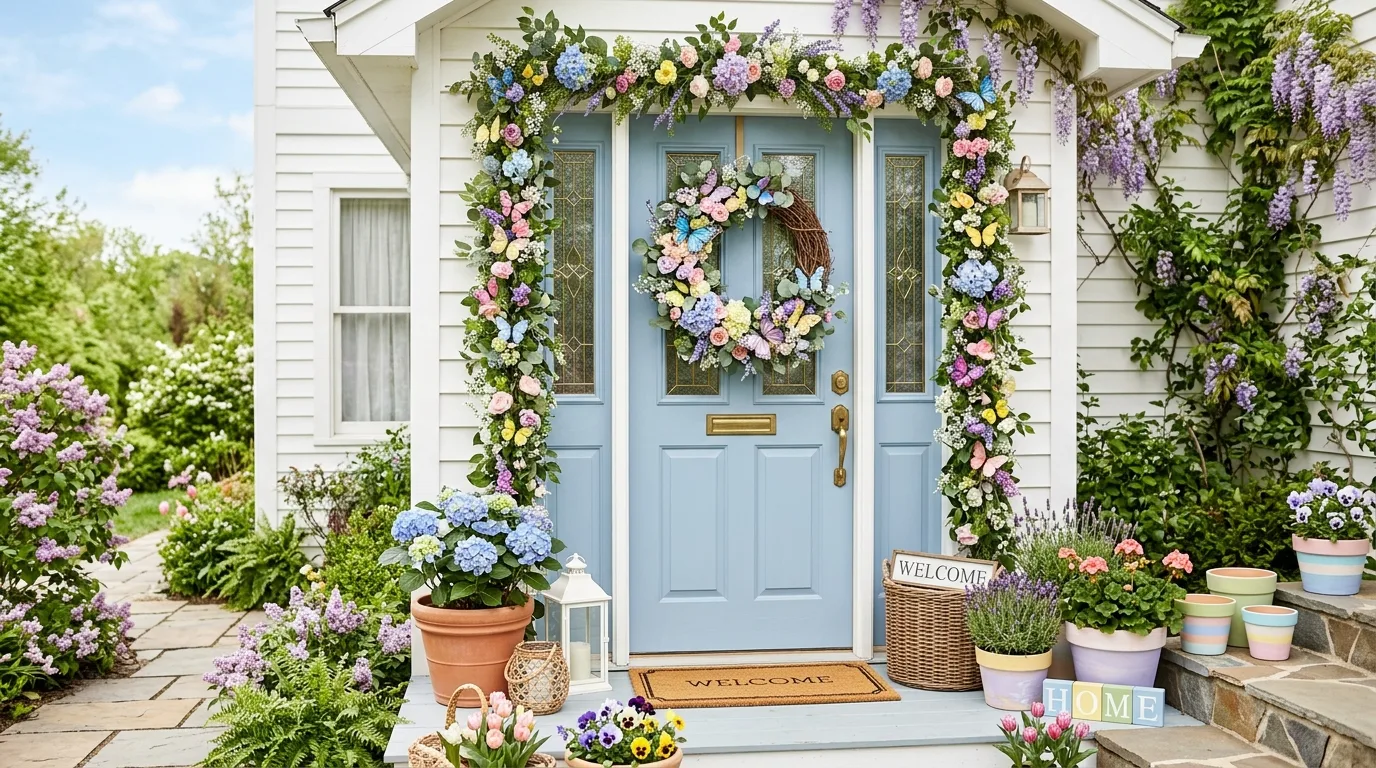 Use woven textures for warmth for 14 Beautiful Spring Front Door Decor Ideas to Welcome Warmer Weather