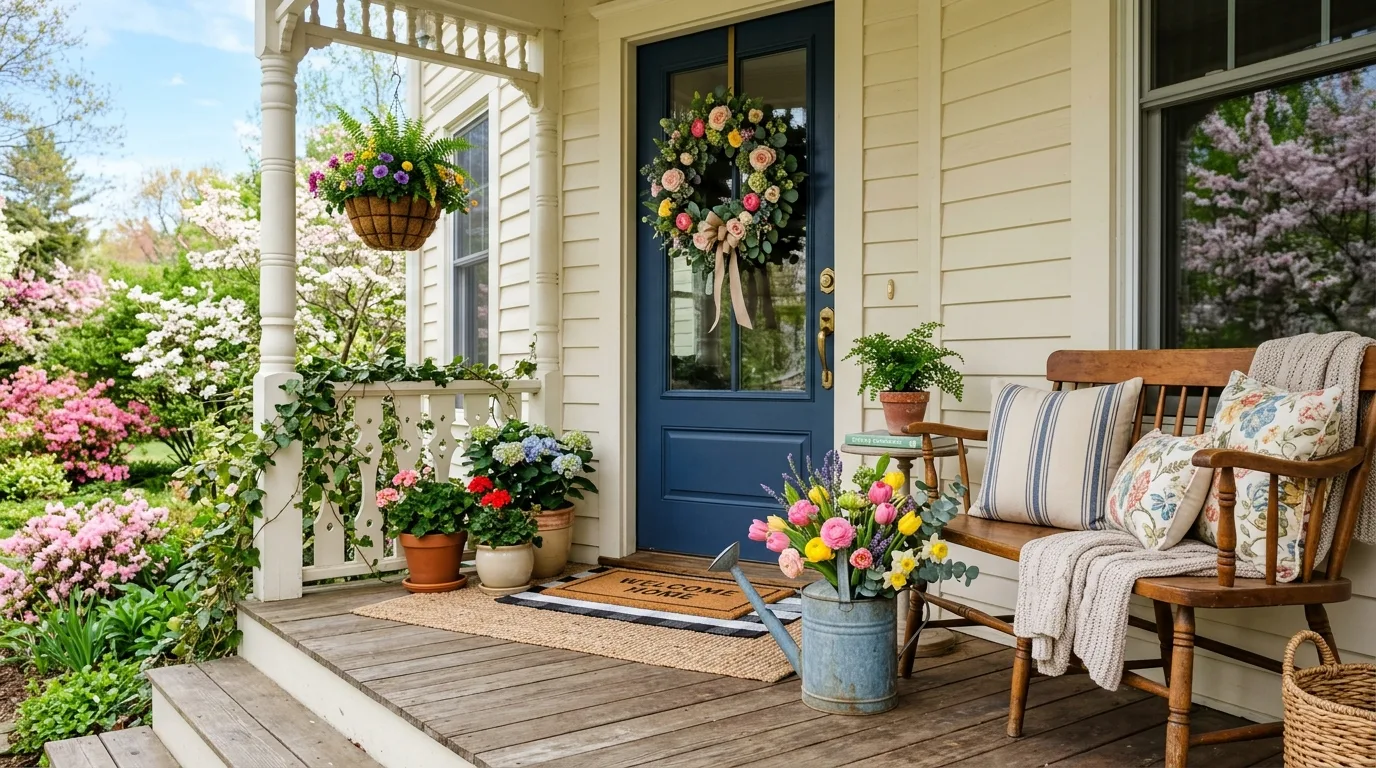 Use a welcome sign or small bench for 14 Beautiful Spring Front Door Decor Ideas to Welcome Warmer Weather